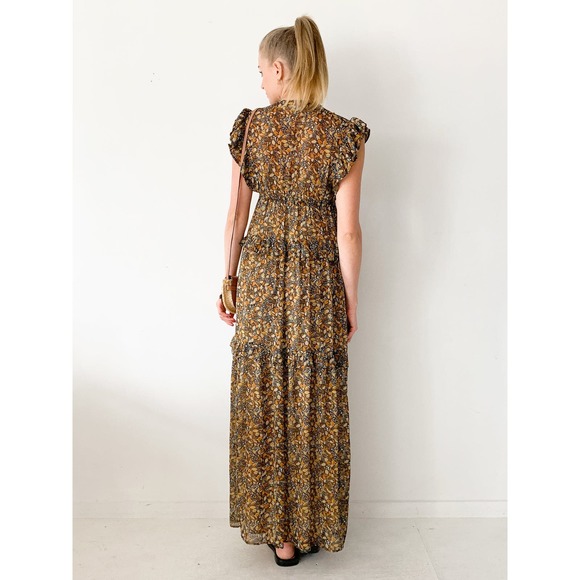 BA&SH Samantha Ruffled Printed Georgette Maxi Tiered Dress in Carbone 242/040 - Picture 12 of 14